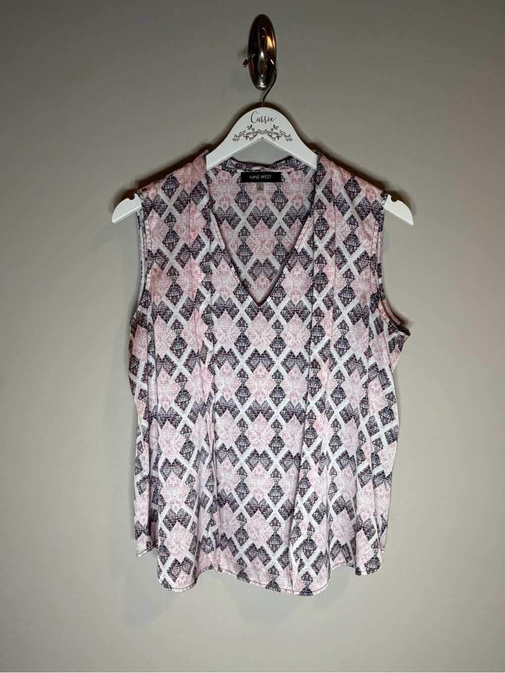 Nine West Pink Black Geometric Print Sleeveless Blouse Size Large